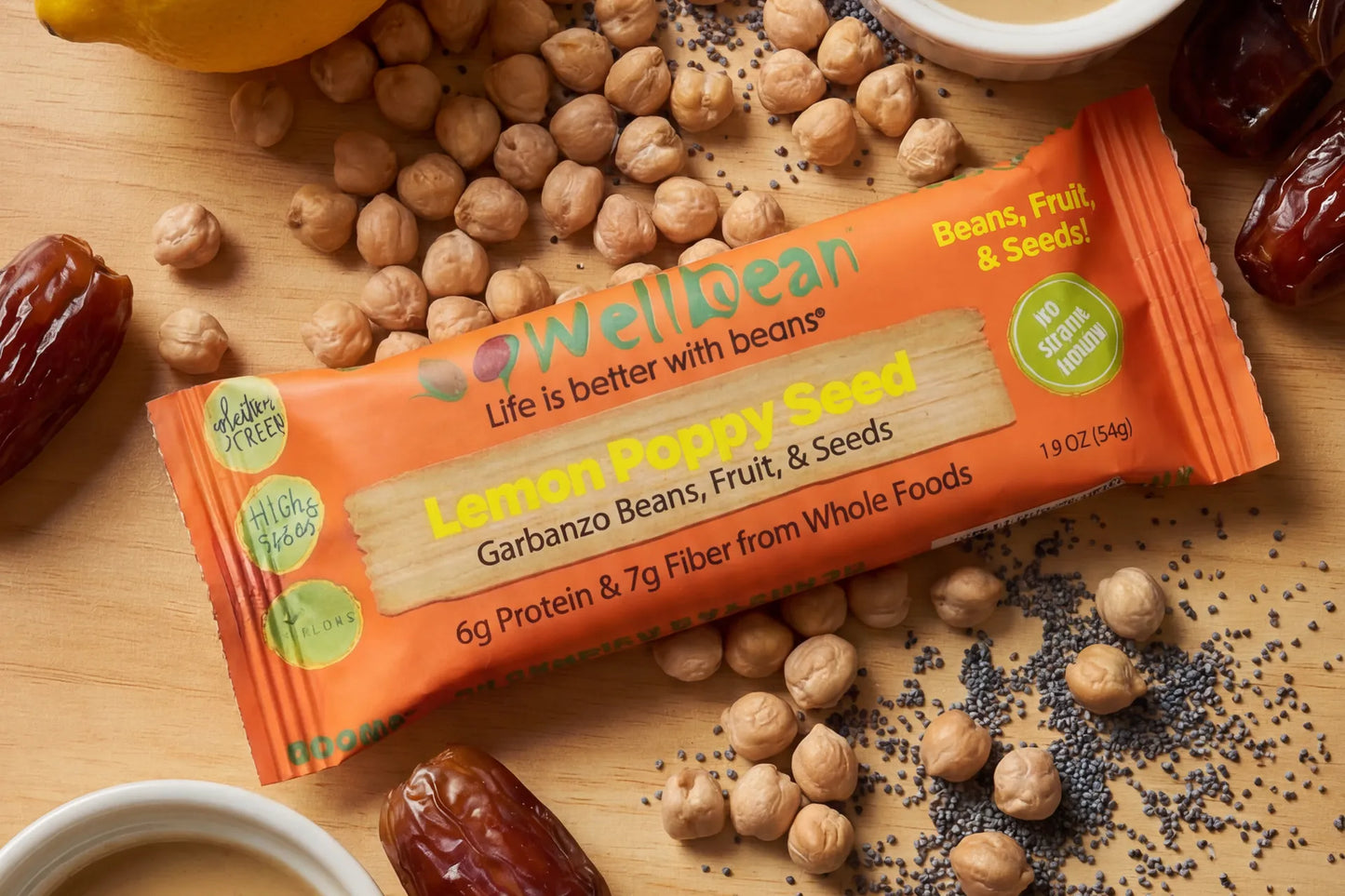 WellBean Lemon Poppy Seed bar with chickpeas, poppy seeds, lemon, tahini, and dates
