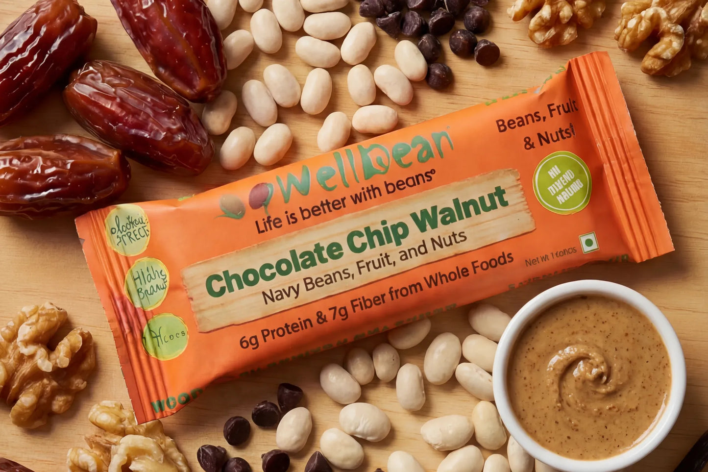 WellBean Chocolate Chip Walnut bar with navy beans, chocolate chips, walnuts, and almond butter