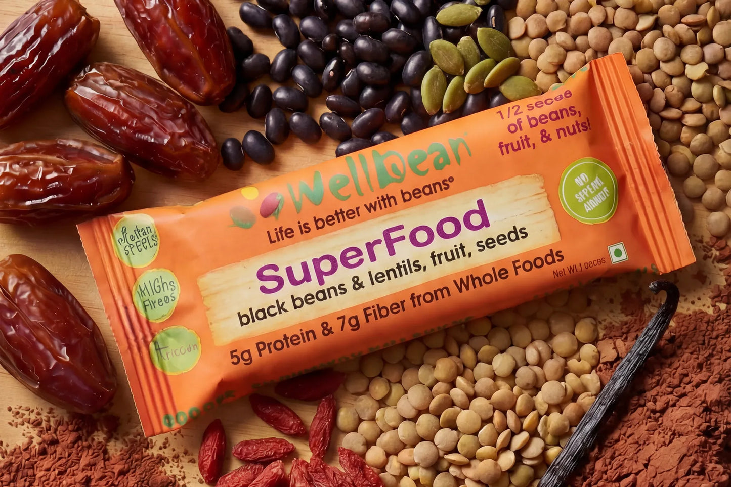 WellBean SuperFood bar with black beans, lentils, goji berries, pumpkin seeds, and cocoa