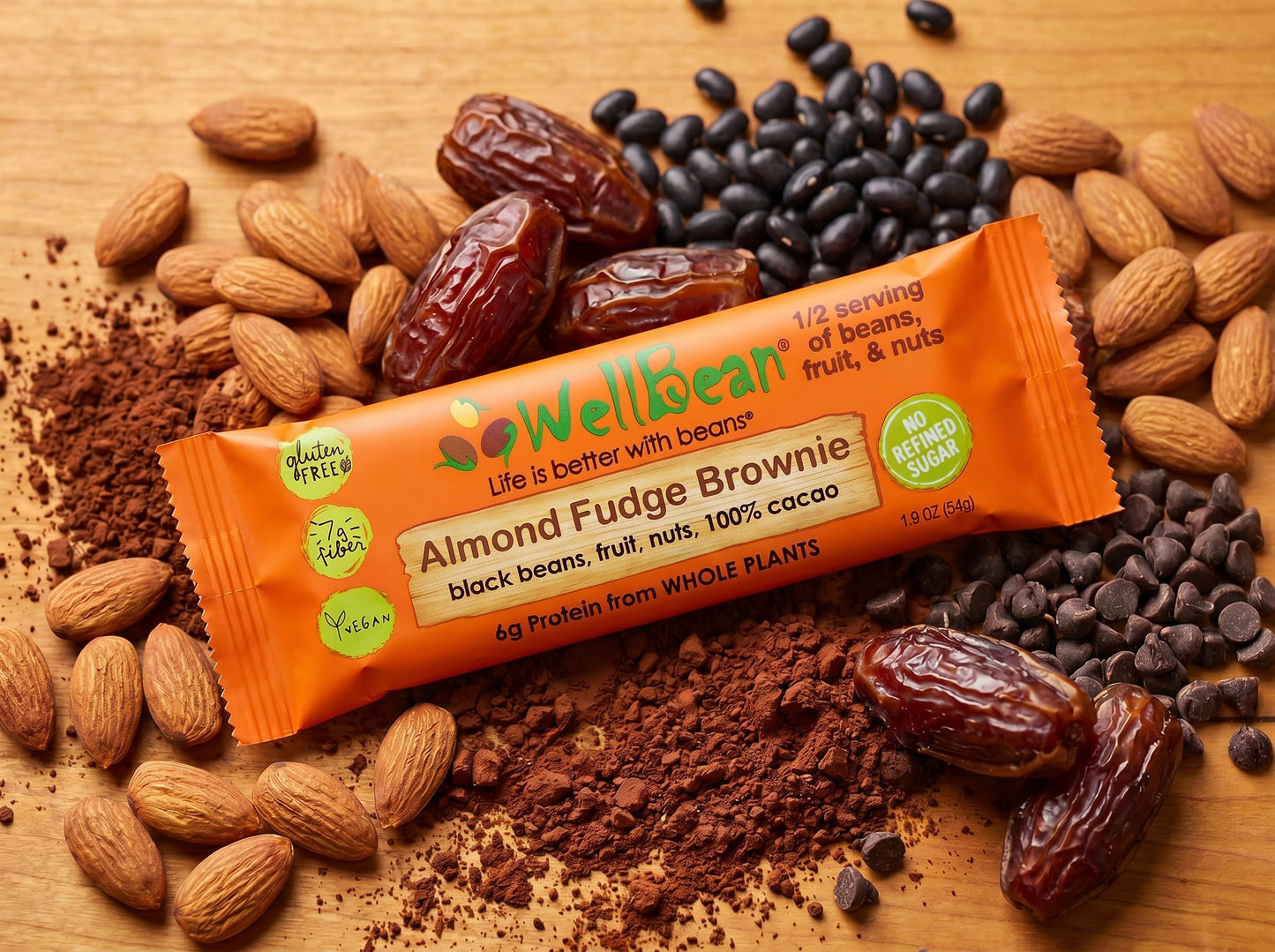 WellBean Almond Fudge Brownie bar with almonds, dates, black beans, cocoa powder, and dark chocolate chips