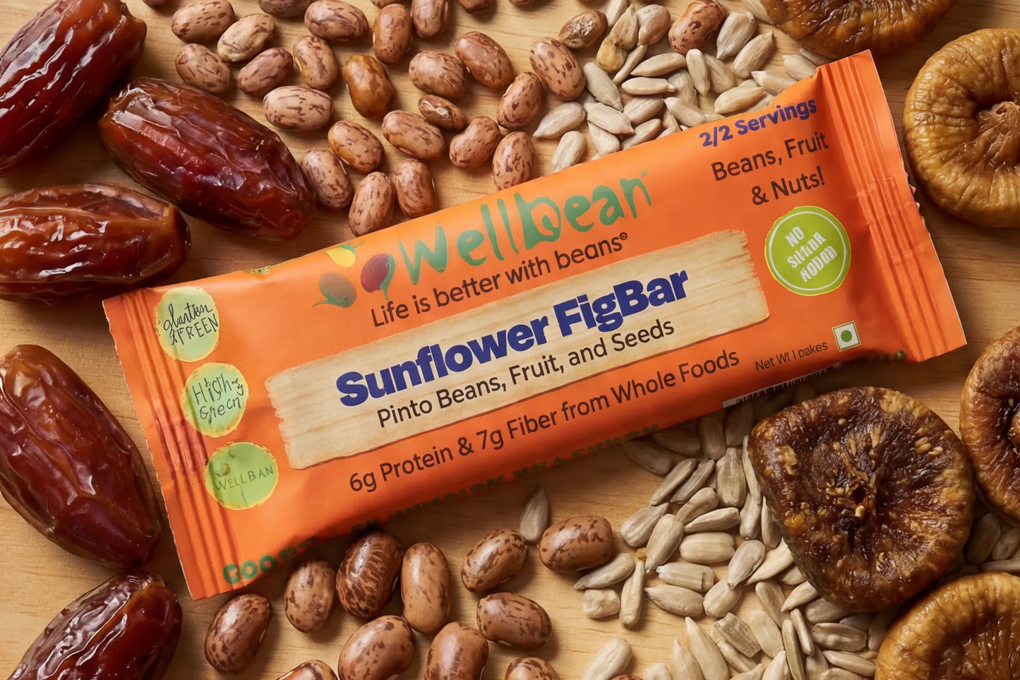 WellBean Sunflower FigBar with pinto beans, sunflower seeds, figs, and dates