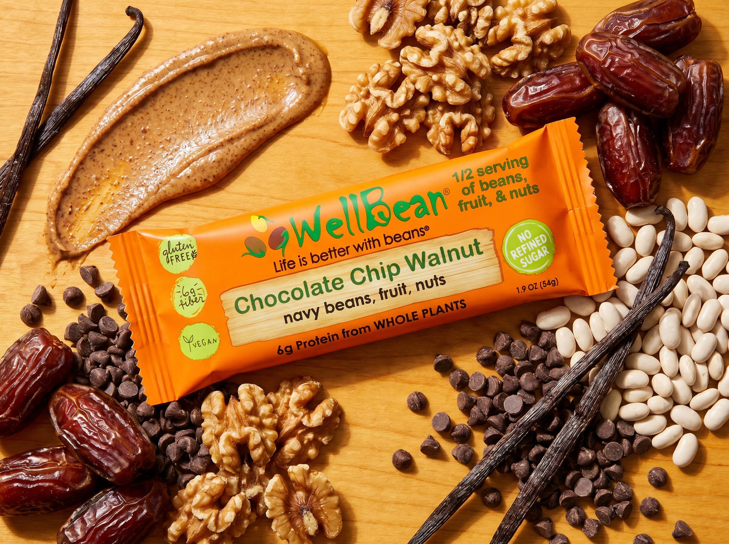 WellBean Chocolate Chip Walnut Bar with ingredients flat-lay