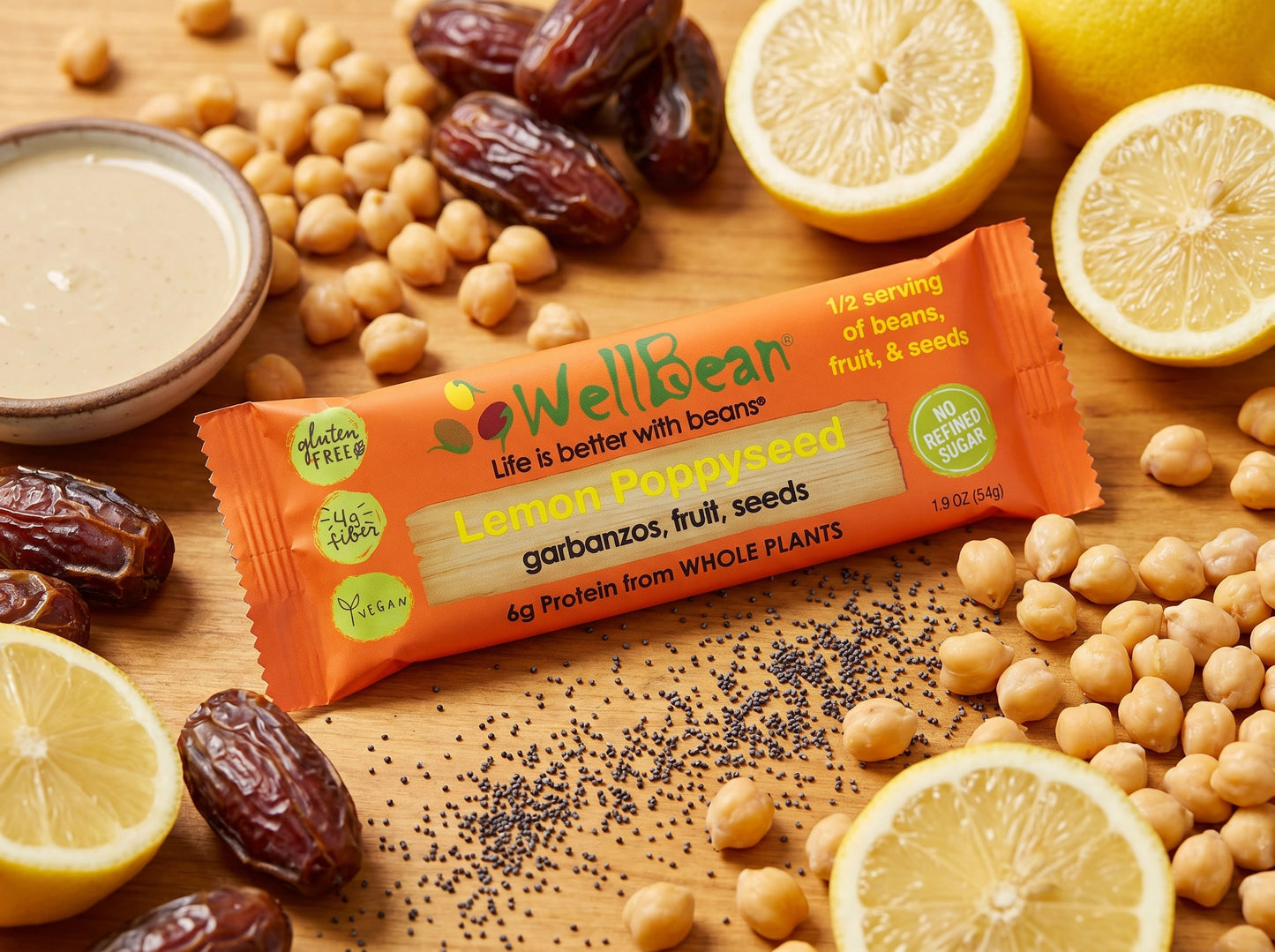 WellBean Lemon Poppyseed bar with garbanzos, dates, lemon, tahini, and poppyseeds