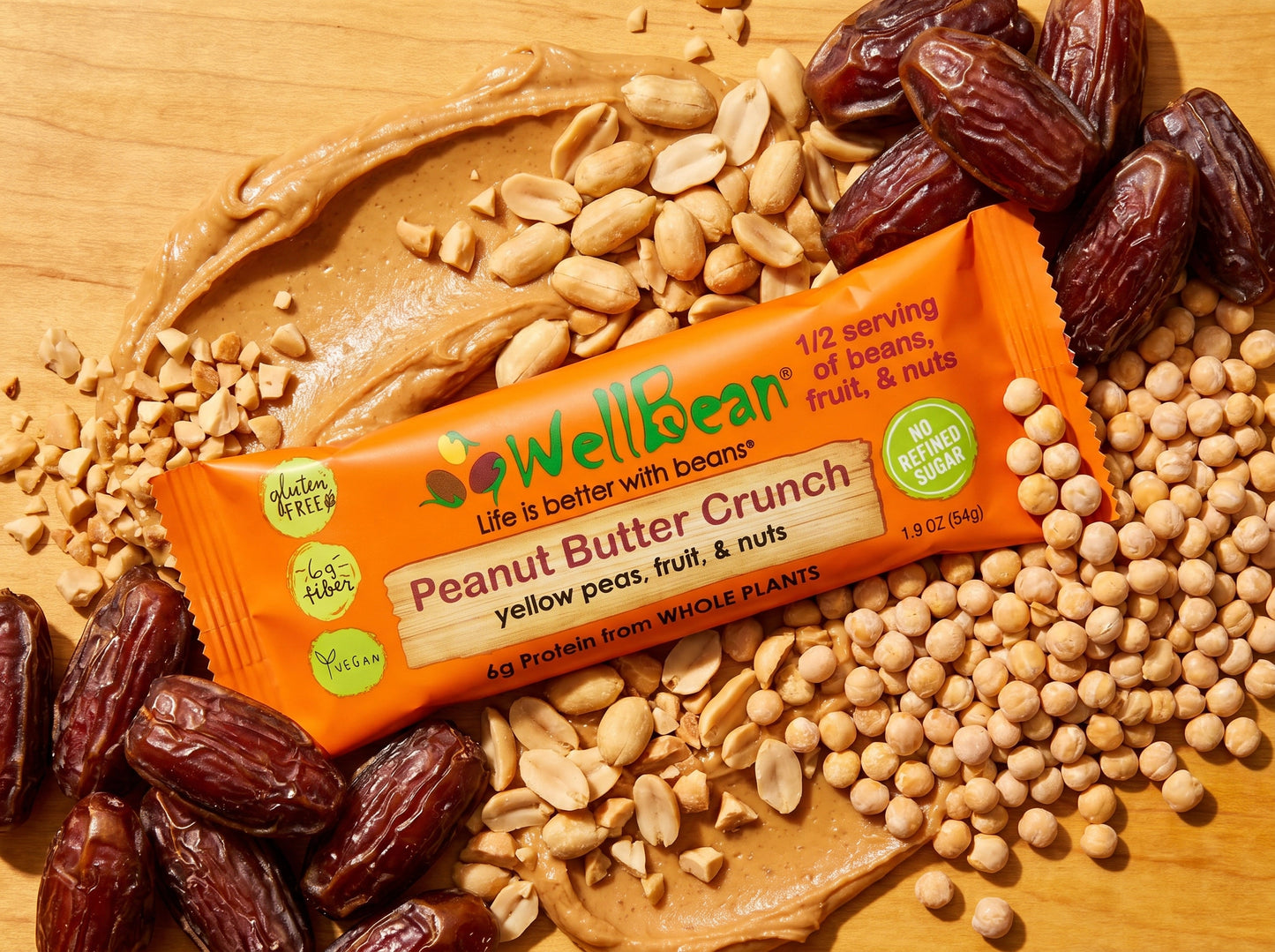 WellBean Peanut Butter Crunch bar with ingredients