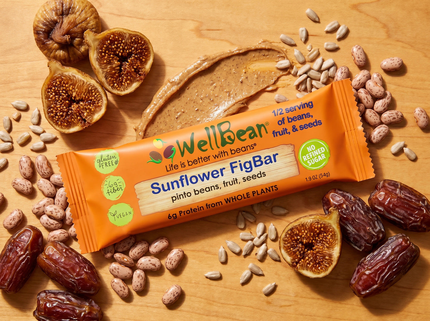 WellBean Sunflower FigBar with pinto beans, figs, dates, and sunflower seed butter