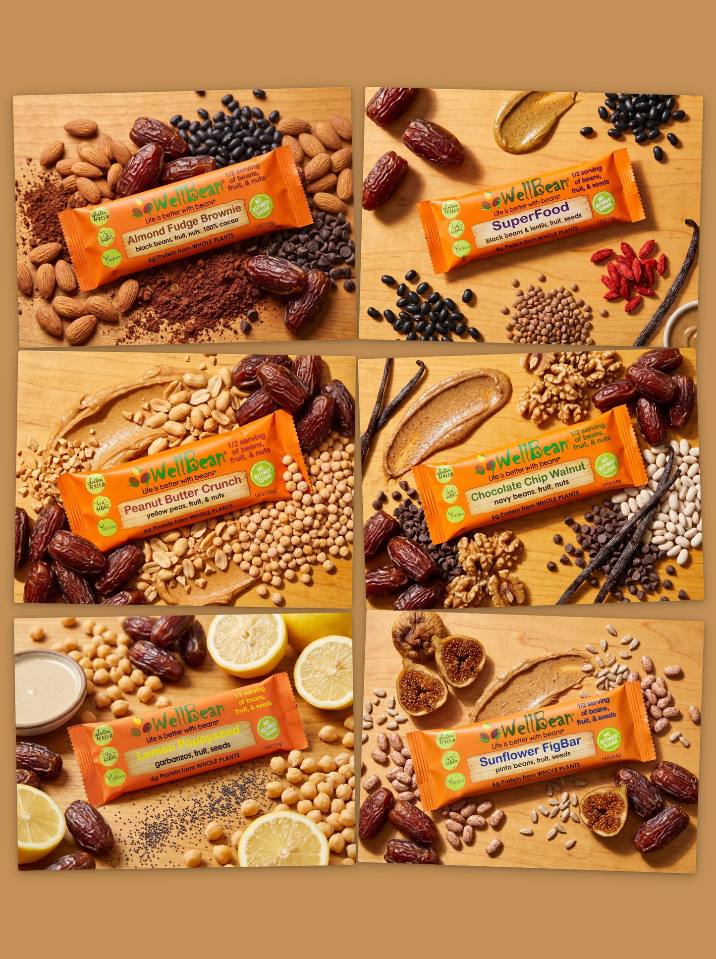 WellBean Bars Variety Pack - all 6 flavors with whole-food ingredients